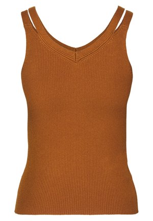 Braunes geripptes Strick-Tanktop mit doppelten Schulterträgern und V-förmigem Ausschnitt.
