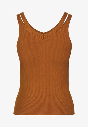 Brun ribstrikket tanktop med dobbelte skulderstropper og V-formet udskæring.