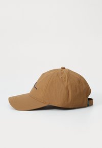 Casquette de baseball marron avec une visière courbée, des détails brodés et une sangle ajustable à l'arrière. Fabriquée en tissu léger avec une texture lisse.