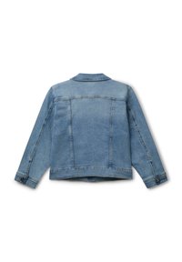 Jeansjacke, hellblau gewaschen, mit geknöpften Ärmeln, klassischem Kragen, Rücken mit zwei vertikalen Nähten, einfarbiges Muster. Keine vorderen Details sichtbar.