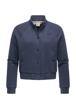 Navy blue, long-sleeve cropped jacket in textured fabric with a stand collar, snap buttons, two pockets, and subtle logo embroidery.