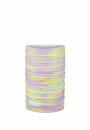 Seamless tubular neck gaiter with pastel yellow, purple, and light green floral pattern and small Buff logo on the side.