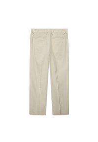 Beige, tailored trousers featuring a straight leg design, two back pockets, and belt loops, made from lightweight fabric.