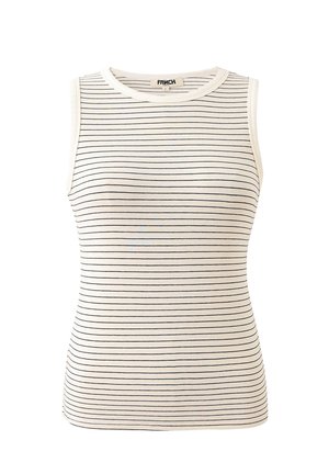 Mouwloos wit tanktopje met dunne horizontale zwarte strepen en een ronde hals, gelabeld met maat small.