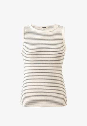 Mouwloos wit tanktopje met dunne horizontale zwarte strepen en een ronde hals, gelabeld met maat small.