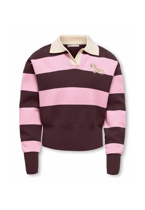 Rugbyshirt met lange mouwen, met brede roze en donkerbruine horizontale strepen, crèmekleurige kraag en een geborduurde kleine hond op de borst.