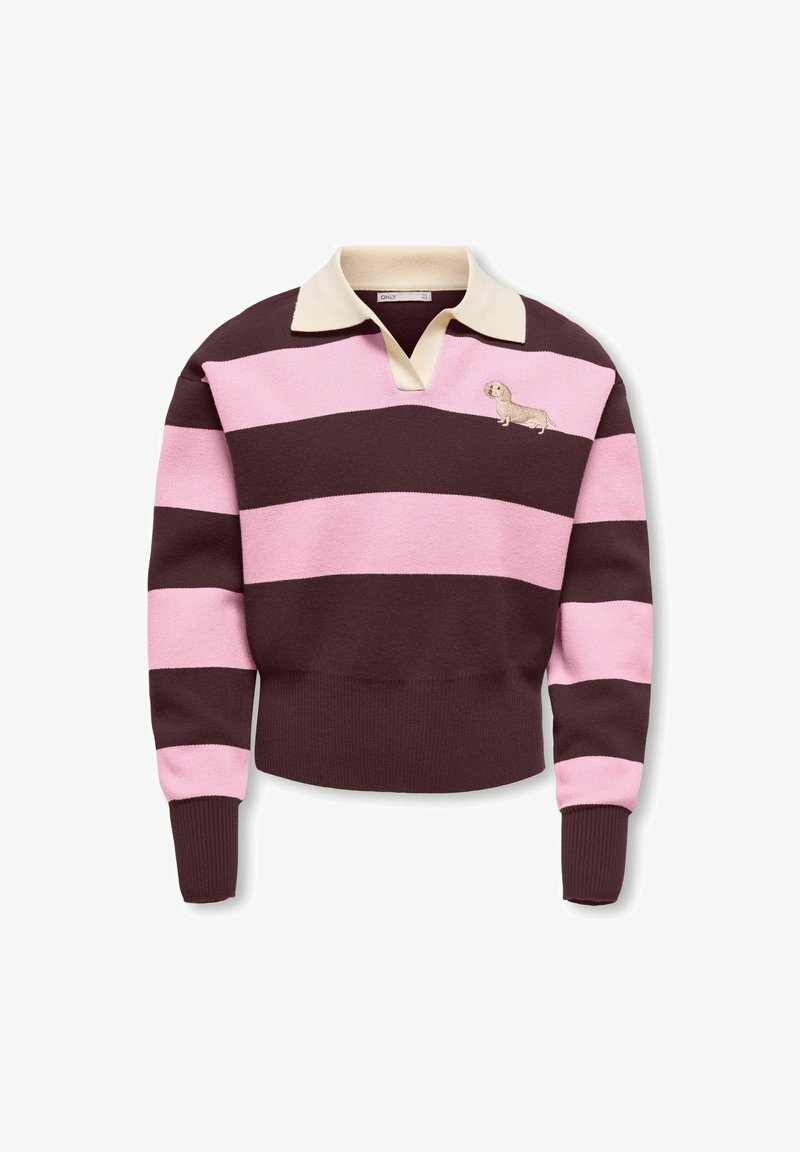Maillot de rugby à manches longues avec larges rayures horizontales roses et brun foncé, col crème et petit chien brodé sur la poitrine.