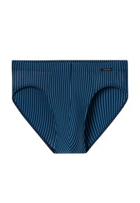 Männliche Badebriefe in Dunkelblau mit vertikaler gestreifter Textur. Elastischer Bund und Markenetikett seitlich eingenäht. Glattes, eng anliegendes Design.