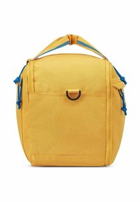Borsa in tessuto gialla con accenti blu, forma quadrata, manico superiore, tasca frontale con un anello in metallo nero, superficie testurizzata.