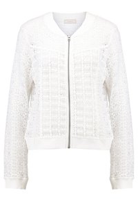 Bílá bomber bunda na zip vyrobená z texturované krajky s žebrovanými manžetami a lemem. Má vzorovaný design a kulatý výstřih.
