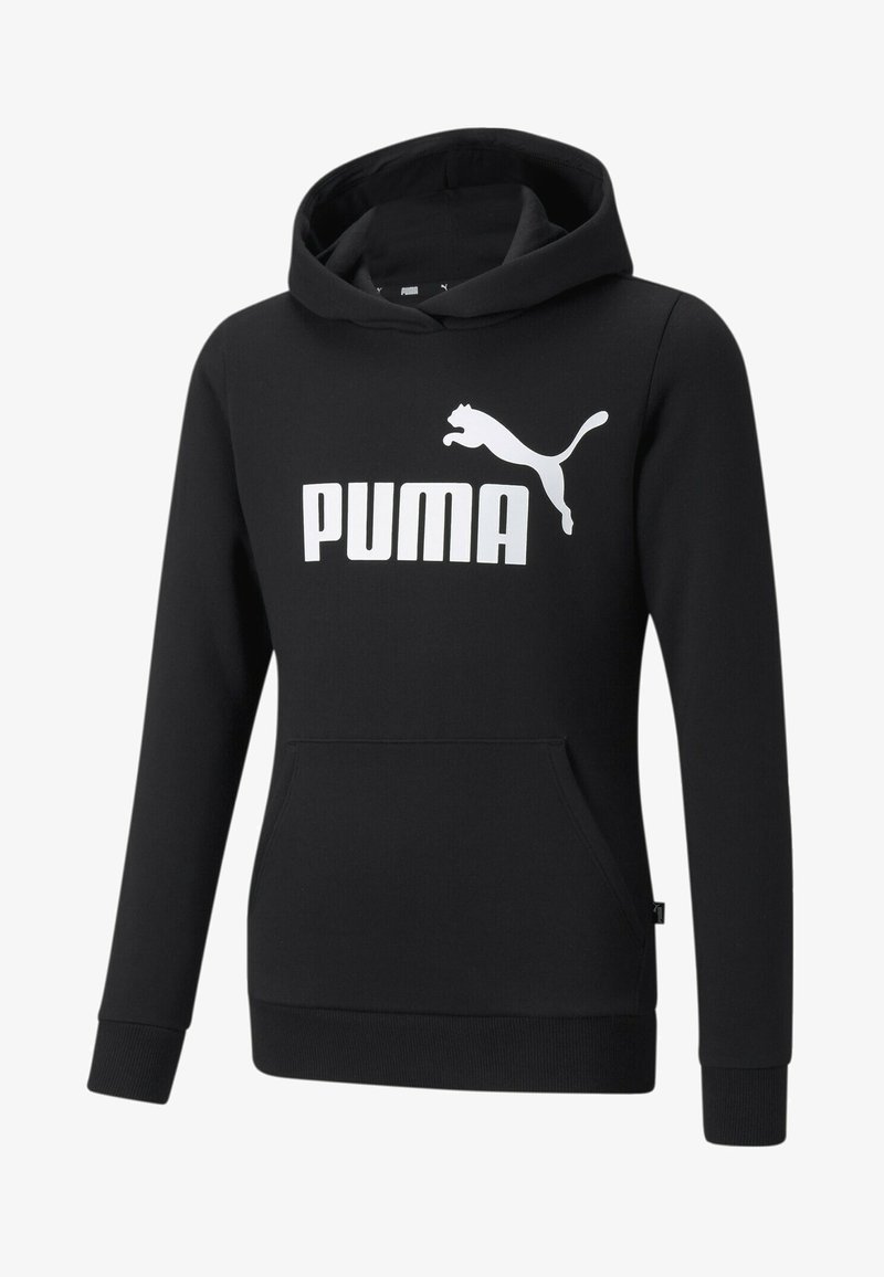 Sweat à capuche noir en mélange de coton, avec un grand logo "PUMA" blanc et un graphique de puma en saut sur l'avant. Poignets et ourlet côtelés.