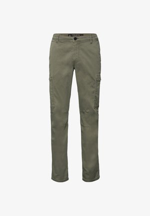 Oliivinvihreät cargo-housut, jotka on valmistettu puuvillaseoksesta. Niissä on sivutaskut, nappikiinnitys ja suorat lahkeet. Tasainen pinta.
