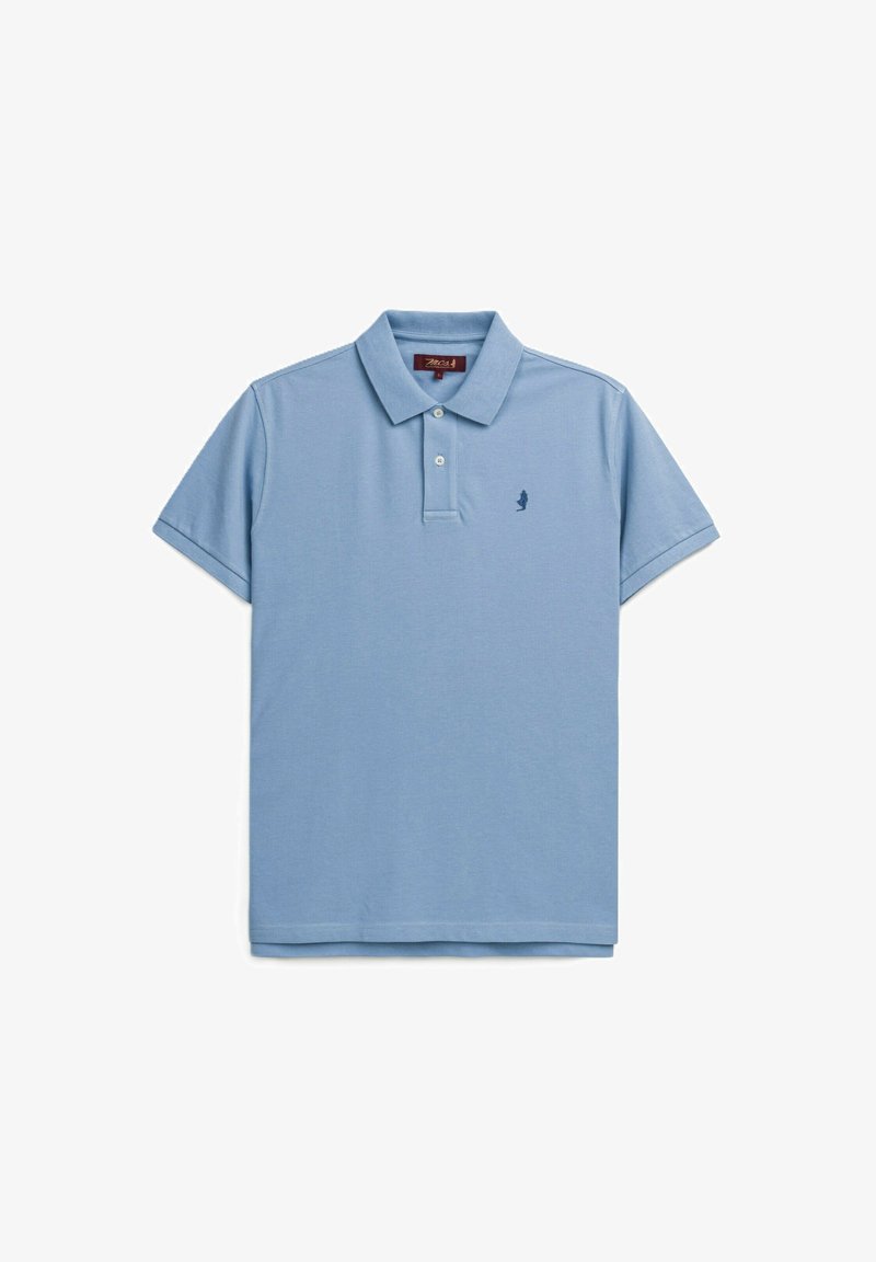 Polo shirt azzurro chiaro in cotone, con colletto classico, patta con tre bottoni e un piccolo logo blu scuro sul petto.