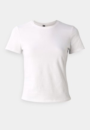 White short-sleeve T-shirt made of cotton, featuring a crew neckline and smooth texture, with no visible patterns or embellishments.