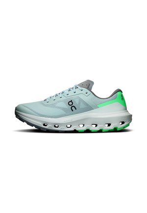 Hellblauer und grüner Laufschuh mit weißer Sohle, die sechseckige Dämpfung und ein Logo an der Seite und Ferse zeigt, von der Außenseite betrachtet.