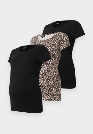 Kolme äitiys T-paitaa: kaksi yksiväristä mustaa ja yksi beige-mustalla leopardikuosisella. Pehmeää kangasta, lyhyet hihat, pyöristetyt kaula-aukot.