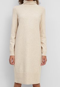Beige Rollkragenkleid aus weichem Strickstoff. Verfügt über lange Ärmel, gerippte Bündchen und eine gerade Silhouette. Glatte Textur.