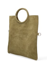 Borsa tote in suede verde oliva con manico rotondo, forma rettangolare piatta, accessori in tonalità argentata e senza motivi o accenti visibili.
