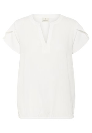 White, short-sleeved top with a V-neckline and a slightly gathered hem. Made of lightweight fabric with a textured finish.