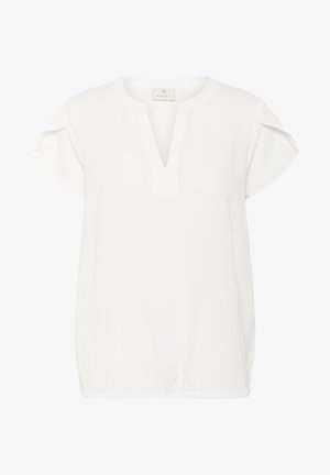 White, short-sleeved top with a V-neckline and a slightly gathered hem. Made of lightweight fabric with a textured finish.