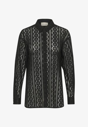 Zwarte kanten shirt met een knoopsluiting aan de voorkant, voorzien van verticale gestreepte patronen en bloemaccenten, ontworpen met lange mouwen en een puntige kraag.