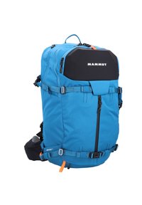 Niebieski plecak z czarnym panelem górnym, wieloma zamkami błyskawicznymi, regulowanymi paskami i logo. Posiada kieszeń boczną oraz pomarańczowy akcent. Idealny do aktywności na świeżym powietrzu.