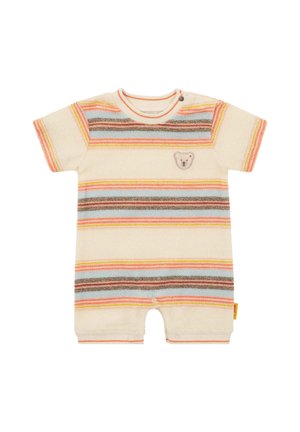 Kurzärmliger Baby-Strampler mit horizontalen Streifen in Orange, Blau und Braun, mit einem kleinen Teddybär-Patch auf der Brust.