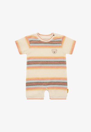 Kombinezon dziecięcy z krótkim rękawem w poziome paski w kolorach pomarańczowym, niebieskim i brązowym, z małą naszywką misia na piersi.