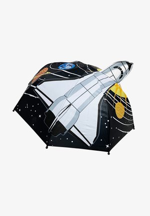 Schwarzer Regenschirm mit einem Design von Space Shuttle, Planeten und Sternen. Hergestellt aus Stoff mit glänzender Oberfläche. Sechseckige Form mit spitzem Ende.