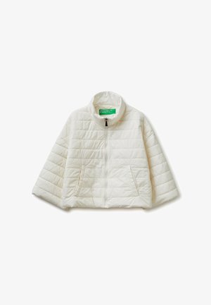 White quilted jacket with front zipper, stand-up collar, and two side pockets, labeled United Colors of Benetton.