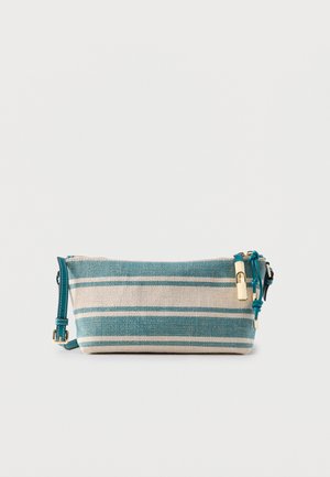 Blå og hvide stribede rektangulære stofpose med turkis læderlynlås og justerbar rem.