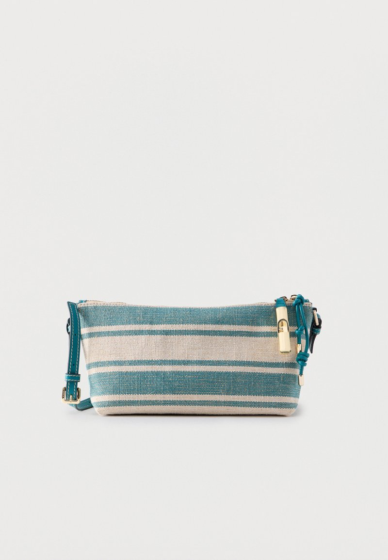 Ορθογώνια υφασμάτινη θήκη με μπλε και λευκές ριγέ, με τιρκουάζ δερμάτινη τσέπη φερμουάρ και ρυθμιζόμενο ιμάντα.