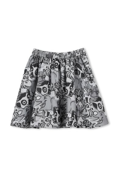 Zwarte en grijze rok met een elastische tailleband en een speelse print van verschillende cartoondierengezichten. Zacht materiaal met een uitlopende vorm.