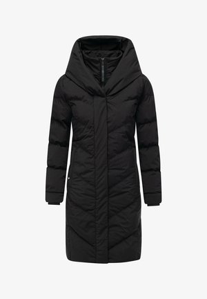 Black puffer coat with a large, draped hood, featuring quilted texture and side pockets, designed with a front zipper and long sleeves.