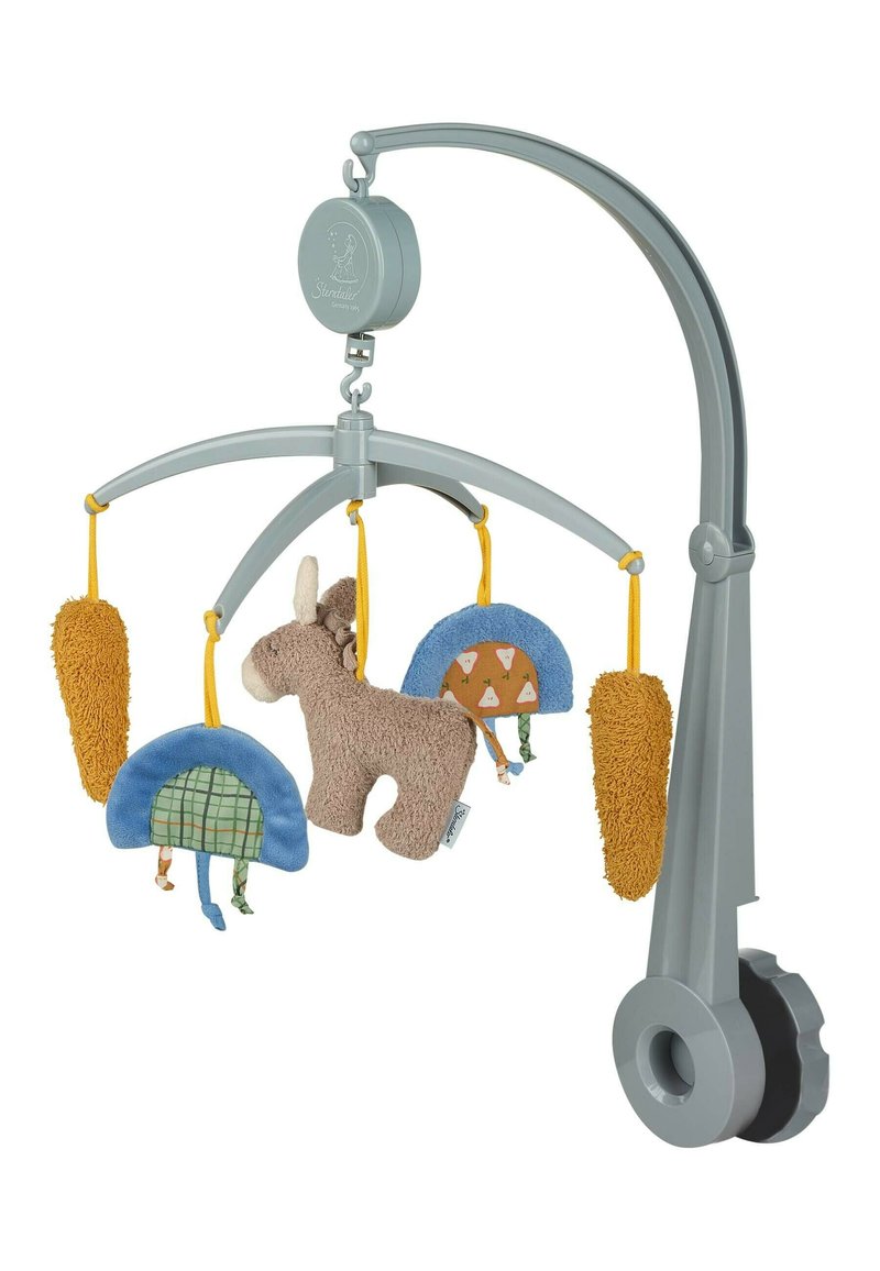 Gray mobile with soft plush toys: a brown donkey and two blue and orange shapes. Features smooth surfaces and textured accents. Adjustable design.