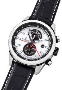 Silberne Edelstahl-Chronographenuhr mit weißem Zifferblatt, schwarzen Akzenten und einem schwarzen Lederarmband mit weißen Nähten.