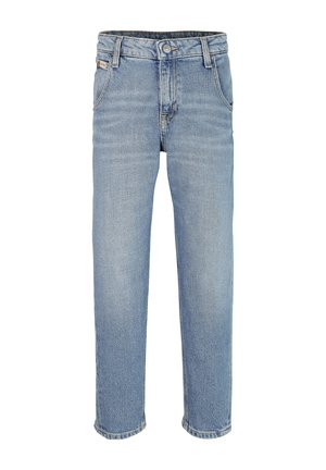 Hellblaue Jeans mit geradem Bein, vorderen Taschen, Knopfverschluss, Gürtelschlaufen und dezenten Verblassungen an Oberschenkeln und Knien.