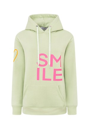 Jasnozielona bluza z kapturem z dużą różową grafiką "SMILE" oraz małym pomarańczowym serduszkiem na lewym rękawie. Zawiera kieszeń z przodu.