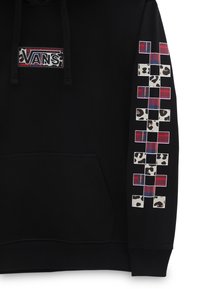 Felpa nera con tasca frontale, patch con il logo Vans e una grafica a motivo di plaid e stampe animalier sulla manica.