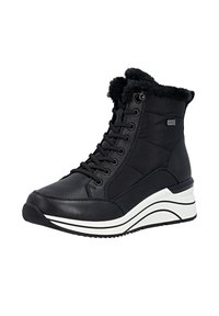 Schwarze Stiefeletten aus synthetischem Leder und Stoff, mit einem Kragen aus Kunstfell, schnürbarem Vorderteil und einer strukturierten, geschichteten weißen Sohle.