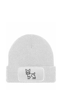 Gray knitted beanie with a textured surface and a fold-over cuff featuring a black line drawing of a dog on a white patch.