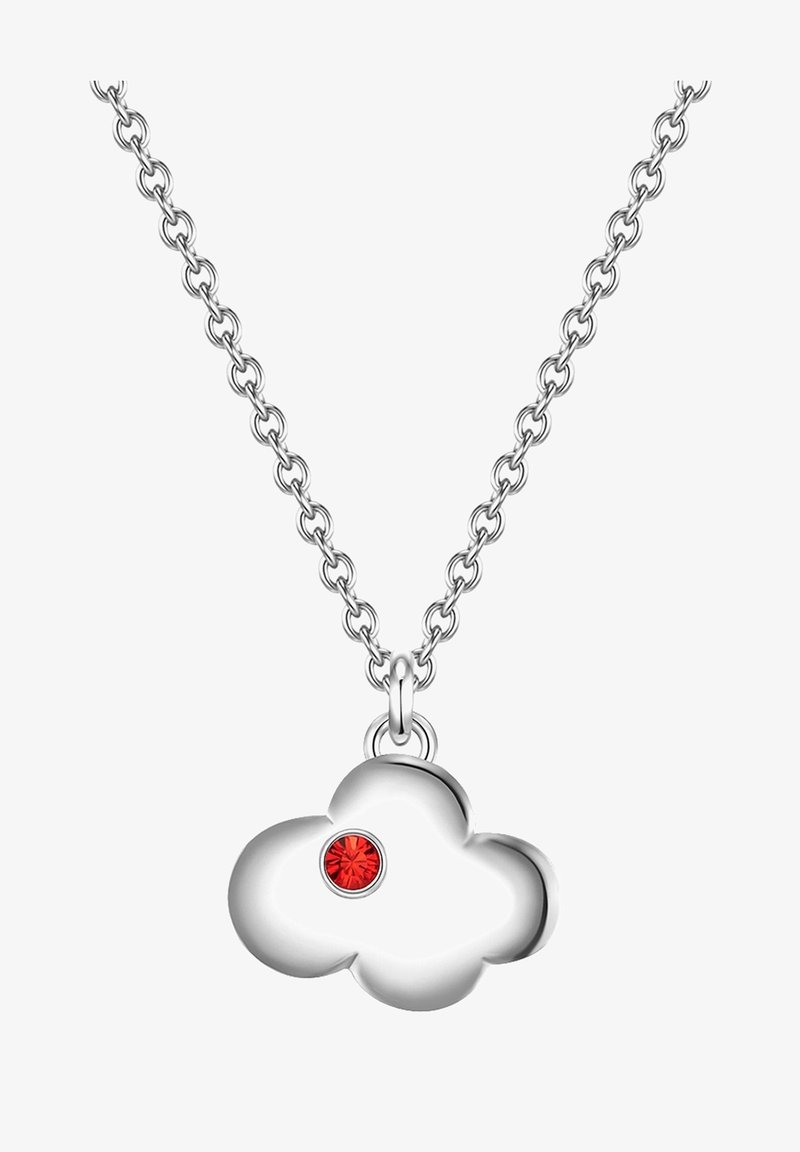 Sølv sky-formet vedhæng halskæde med en enkelt rød krystal accent, fastgjort til en samlet kæde. Glat overflade og poleret finish.