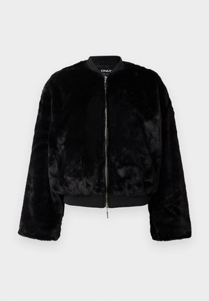 Mustad faux karusnahast bomber-jakk, millel on lukuga esiosa, ribitud krae ja laiad varrukad. Pehme tekstuur ja lühike disain.