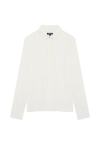 Camisa blanca de manga larga con un cuello clásico, diseño de frente plisado y cierre de botones. Confeccionada con una tela ligera de textura suave.