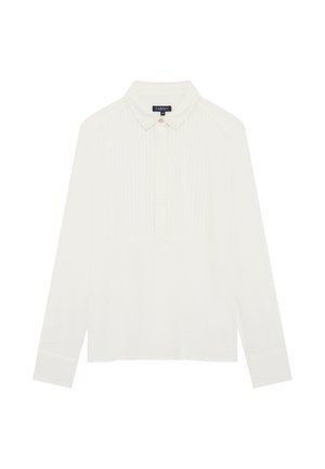 Chemise blanche à manches longues avec un col classique, un devant plissé et une fermeture à boutons. Fabriquée en tissu léger au toucher doux.