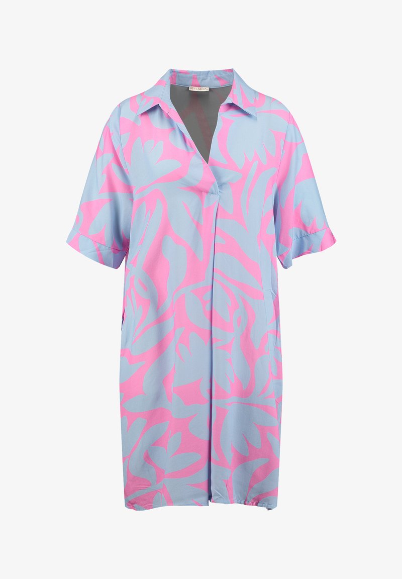 Vestito a maniche corte in tessuto blu chiaro con un audace motivo a foglie rosa, dotato di colletto e chiusura con bottoni, di lunghezza a ginocchio.