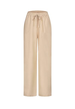 Pantalons larges beiges avec une taille élastique et un cordon de serrage ajustable. Fabriqués dans un tissu doux et léger, avec une texture lisse.
