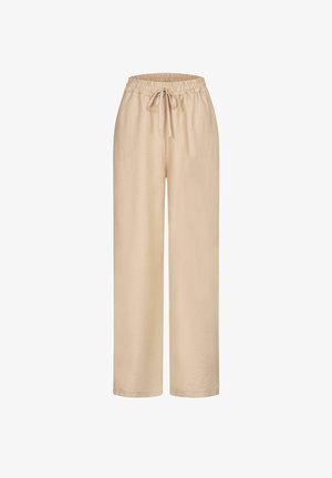 Beige brede bukser med elastisk talje og justerbar snor. Lavet af blødt, letvægtsstof med en glat tekstur.