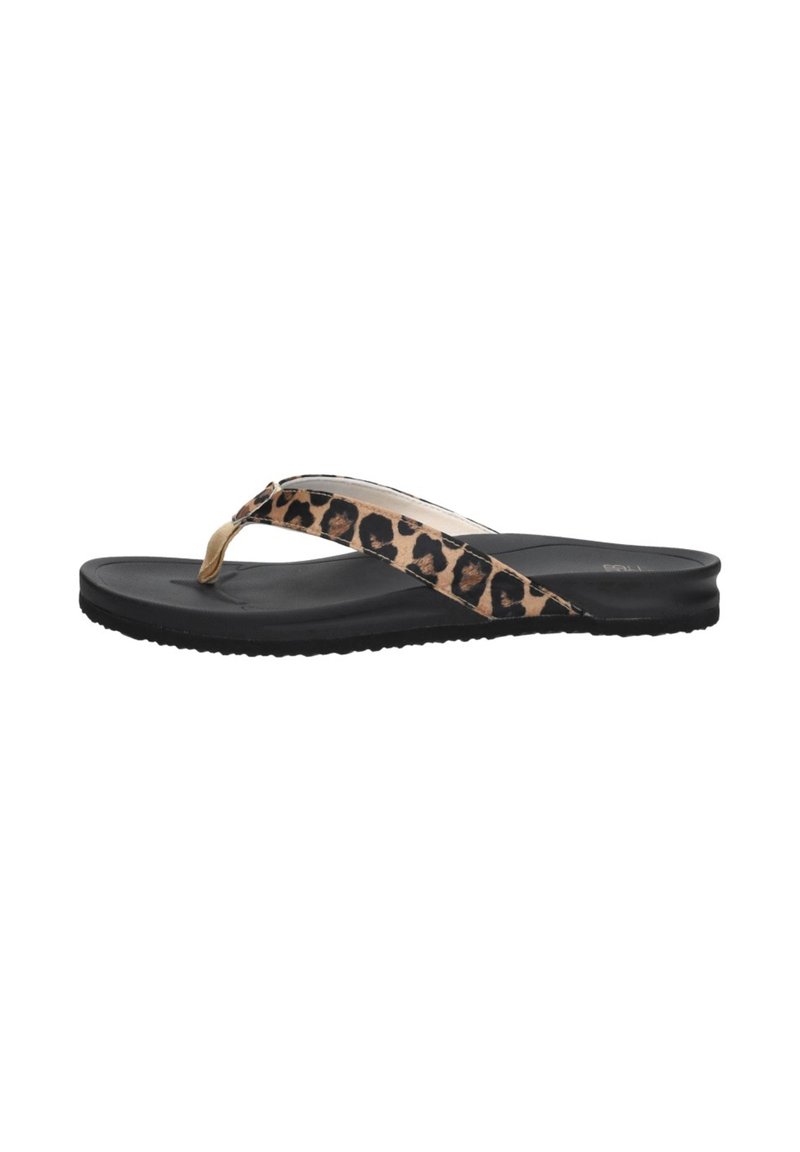 Leopard print flip-flop sandal with a black sole, featuring a lightweight design and a thin strap for secure fit.