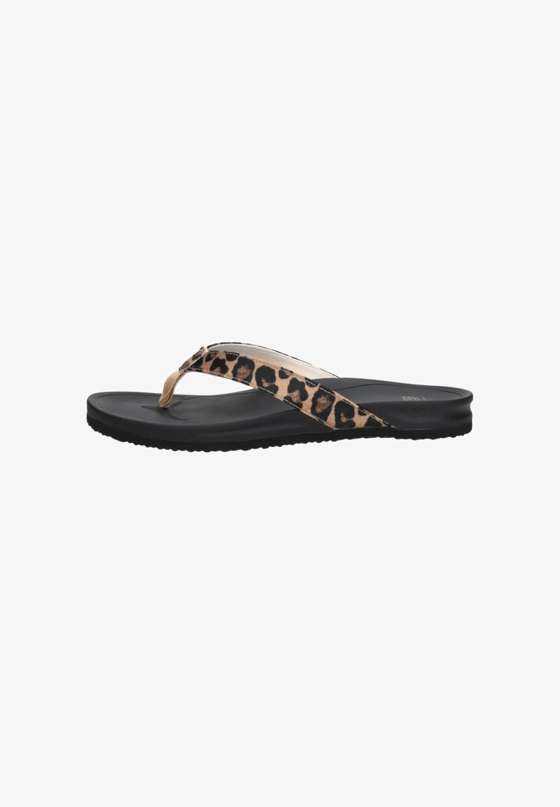 Leopard print flip-flop sandal with a black sole, featuring a lightweight design and a thin strap for secure fit.